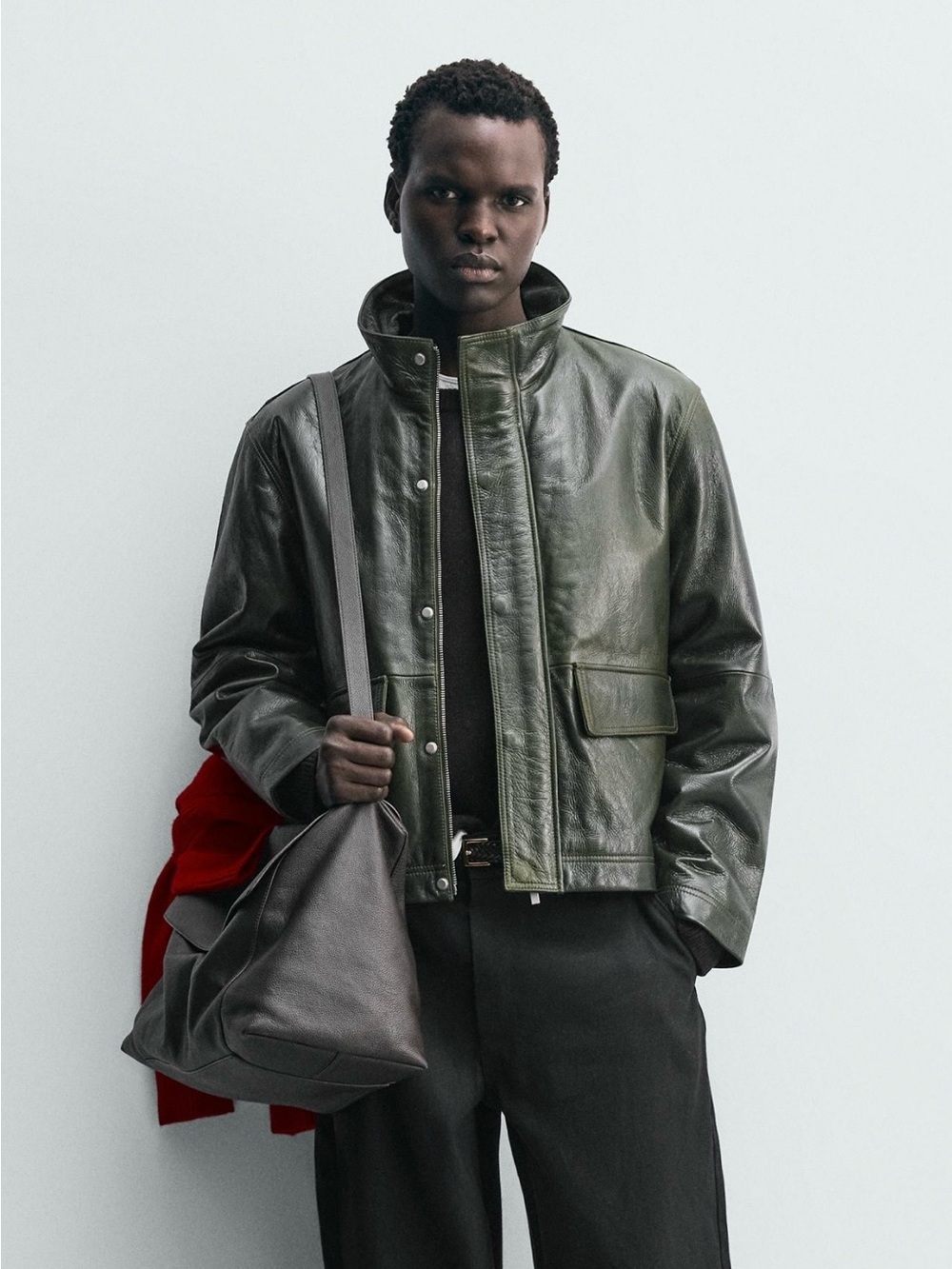 Zara Dark Olive Green Leather Bomber Jacket